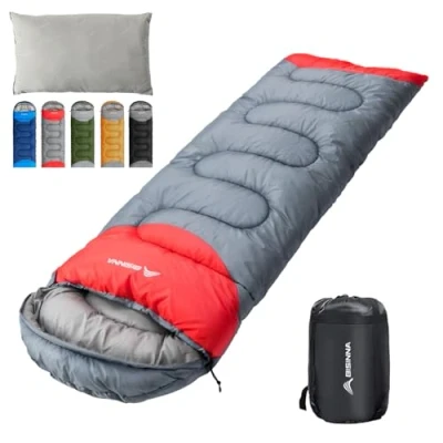 Image of BISINNA Sleeping Bag with Pillow 4 Season Lightweight Waterproof Warm a compression sack for Adults, Women, Men&#039;s Outdoors Camping, Hiking, Backpacking (4 Season/Grey/Left)