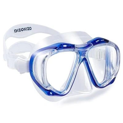 Image of Dizokizo Scuba Diving Mask for Adult, 180 Panoramic View Snorkel Mask, Anti Fog Leak Adjustable Goggles with Nose Cover Swimming Snorkeling (Blue)