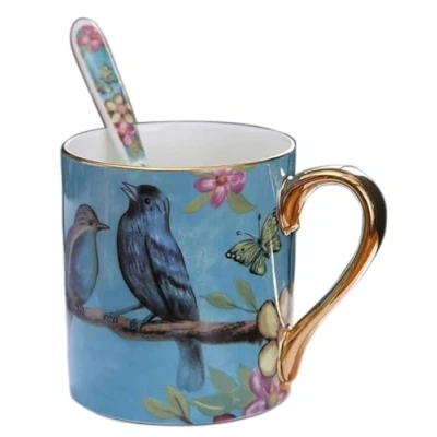 Image of YBK Tech Bone China Porcelain Tea Cup, 12oz Coffee Mug for Home Kitchen Office Birds Pattern (Blue)