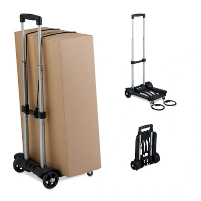Image of Relaxdays Platform Truck, Folding, Extendable Handle, 2 Swivel Wheels, Straps, Transport Trolley, up to 25 kg, Black, Plastic, Rubber, Iron, 90 x 36 37 cm