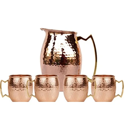 Image of Rastogi Handicrafts Pure Copper Hammered Jug *New* Moscow Mule Water Pitcher Heavy Gauge Solid with Set of 4 Beer Wine Mug
