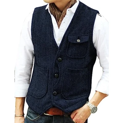 Image of Solovedress Mens Vintage Wool 3 Real Pockets Suit Vest V Neck Tweed Waistcoat for Wedding Groomsmen(Dark Navy,S)
