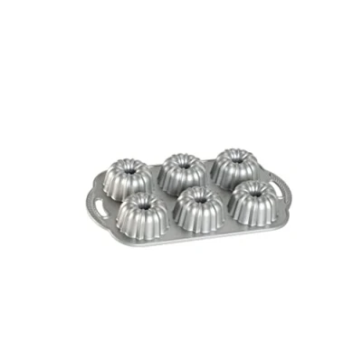 Image of Nordic Ware Platinum Anniversary Bundtlette Pan, Cast Aluminium Mini Bundt Tin, Cake Tin for 6 Cakes, Mould Made in the USA, Colour: Platinum, Silver