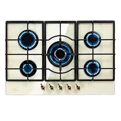 Image of Klarstein Victoria gas hob, built in, Sabaf burner, natural gas/propane gas, safety valves, automatic switch off, cast iron pan supports, glass ceramic retro look, 5 flames, white
