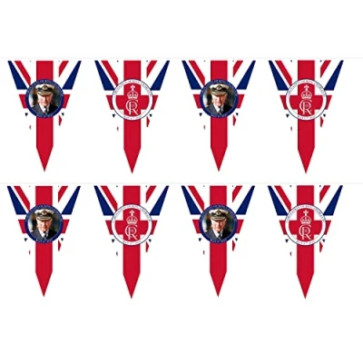 Image of SHATCHI 10m/33ft Bunting Charles III Portrait 24 Triangle Union Jack Flags King&#039;s Coronation Celebration Banner Royal Family UK British Street Party Decoration, 10m