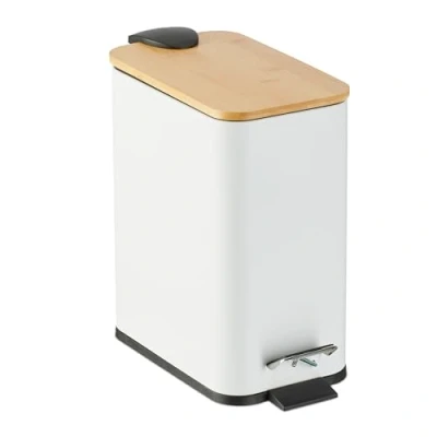 Image of Relaxdays Step Pedal Bin, 5 Litre Capacity, Removable Inside, Square, Bathroom Cosmetic Waste, Metal, Bamboo Lid, White, Iron, 28.5 x 14.5 27 cm
