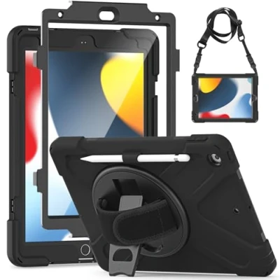 Image of Gerutek for iPad 9th/8th/7th Gen Case with Screen Protector, Full body Drop proof 10.2 Shockproof [Pencil Holder][360 Rotating Stand] [Shoulder Strap] Rubber Protective Case,Black