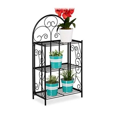 Image of Relaxdays Plant Stand, Flower Rack with 3 Shelves, Foldable, H x W D: 83 44.5 25 cm, Metal, Black
