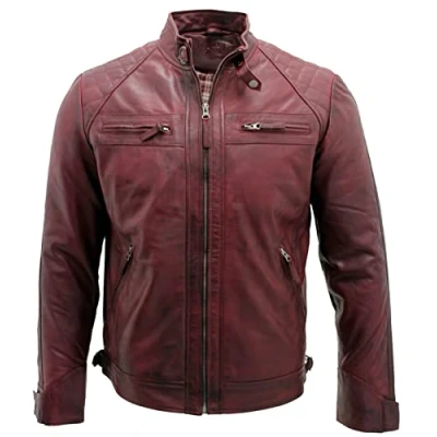 Image of Men&#039;s Vintage Burgundy Leather Retro Jacket Classic Racing Quilted Biker Moto Fashion 5XL