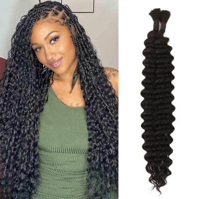 Image of Human Braiding Hair For Boho Braids Extensions 24Inch 100g No Weft Wet And Wavy Deep Wave Bulk Knotless (1B#, 24 Inch(50g/Bundle x2))