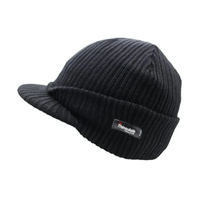 Image of Ladies/Mens Unisex Black Fleece Lined Peak Beanie HAT