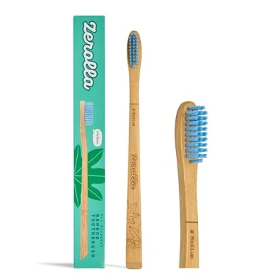 Image of Zerolla Eco Biobased Bamboo Toothbrush Medium Bristles Sustainable Compostable Handle BPA Free Bionylon from Castor Oil Zero Waste &amp; Plastic Packaging