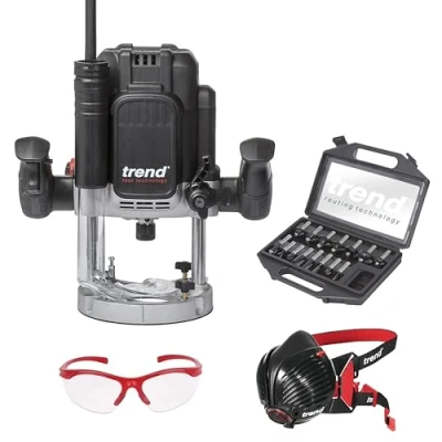 Image of Trend T12 Ultimate Routing Starter Set, T12EK Variable Speed Plunge Router (2300W, 1/2 Inch, 240V), 15 Piece Inch Cutter Dust Mask &amp; Safety Glasses, T12/START/SET