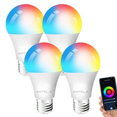 Image of ANTELA Smart Bulb E27 Alexa WiFi Light Bulbs, 9W 806LM LED Screw Bulb, 2700K 6500K RGB Multicolored Dimmable, Life App Control, Compatible with Alexa, Google Home, No Hub Required, 4 Packs