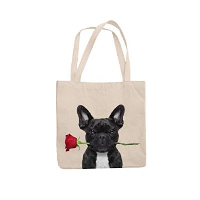 Image of Super Lemon French Bulldog Rose In Mouth Tote Reuseable Shopping Bag Novelty Present Gift Printed Eco Friendly Stylish Long Handled Shoulder Bag, Great Or for Any Dog Lover