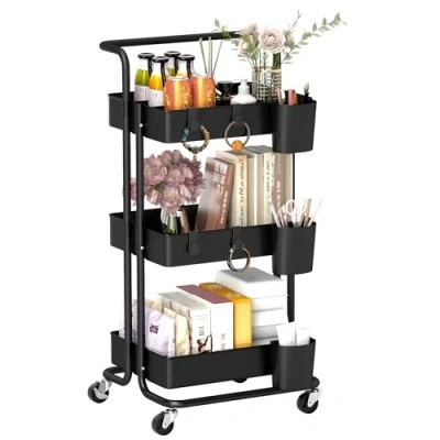 Image of HOMCOM 3 Tier Utility Rolling Cart, Kitchen Cart with Removable Mesh Baskets, Hanging Box, 4 Hooks and Dividers for Living Room, Laundry, Garage, Black