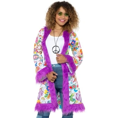 Image of Smiffys 60s Groovy Hippie Coat, Multi Coloured with Fur Trim, 1960&#039;s Fancy Dress, Adult Dress Up Costumes