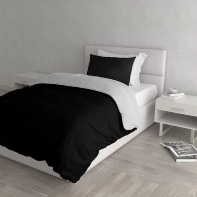 Image of Italian Bed Linen Natural Color Duvet Cover Set with Doubleface Solid Colour Bag Sheet and Pillowcase, 100% Cotton, Black/Light Gray, single