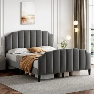 Image of ModernLuxe 4ft6 Double Upholstered Bed Frame Velvet Platform with Adjustable Channel Tufted Headboard, Sturdy Metal Wood Support, No Box Spring Needed, Easy Assembly, Grey (No Mattress)