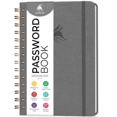 Image of Clever Fox Password Book Spiral Internet Address &amp; Organizer with Laminated Alphabetical Tabs Keeper Journal Hardcover, Medium Size, 15.5x19.6cm (Gray)