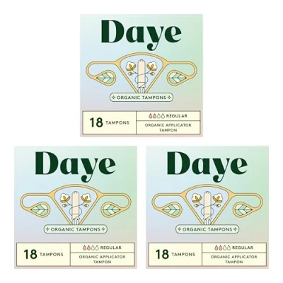 Image of Daye CBD and Organic Tampons with Sugarcane Applicator, No Shed Sleeve, Ocean Safe Flushable Wrapper, 100% Cotton (Regular Absorbency) (Organic Regular, 54, Count)