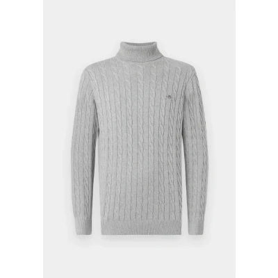 Image of GANT Men&#039;s Cotton Cable Turtle Neck Pullover Sweater, Grey Melange, S