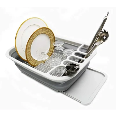Image of SAMMART Collapsible Plastic Dish Drainer with Board Foldable Drying Rack Set Portable Dinnerware Organizer Space Saving Kitchen Storage Tray (Grey)
