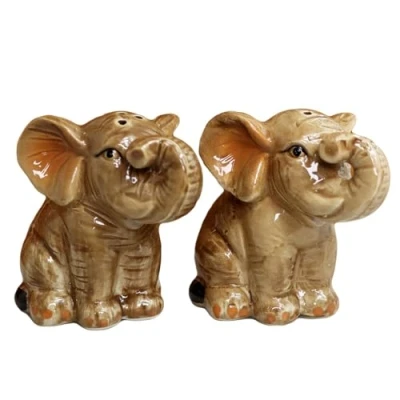 Image of Salt and Pepper Shakers Elephant Brown Ceramic African Animal Kitchen Cruet Pots