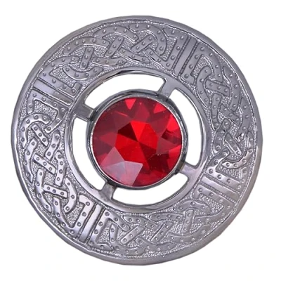 Image of Scottish Kilt Plaid Brooch Thistle Crest Silver Finish Celtic Knot Brooches &amp; Pin Ladies Scarf, Tartan Sash, Shawl 8cm (Red Stone)