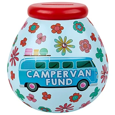 Image of Pot of Dreams Multicolor Hand Painted Retro Campervan Fund Save &amp; Smash Handcrafted Ceramic Money Box Eco Freindly Recyclable Piggy Bank Perfect Travel Gift and Saving for holiday Van