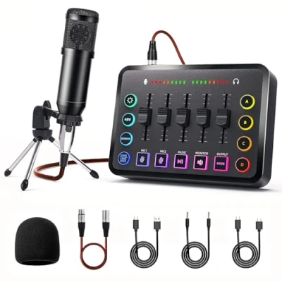 Image of LILUOSUO Podcast Equipment Bundle includes audio mixer and BM800 microphone, ideal for video production, live streaming, gaming voiceovers. Compatible with various operating systems software.
