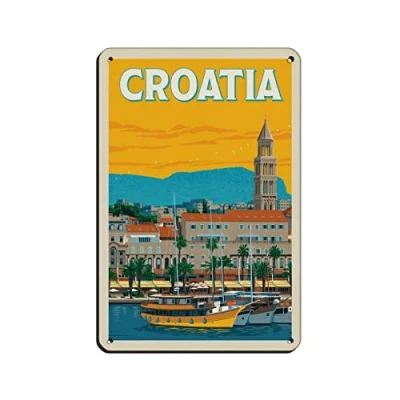 Image of AZOLID Vintage Metal Tin Signs Croatia Travel Poster Wall Decor Office Cafe Bathroom Badroom 30x20CM