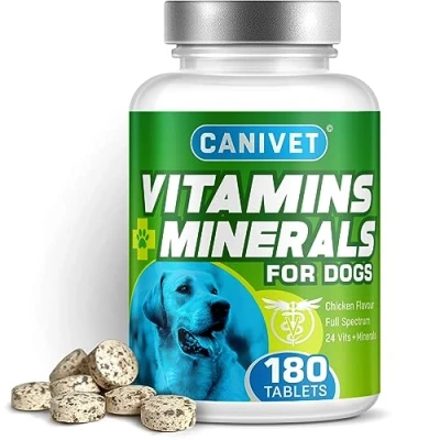 Image of CANIVET Multivitamins for Dogs 180 x Chicken Flavour Tablets 24 Essential Dog Vitamins &amp; Minerals Full Spectrum Health Supplement Up to 1 Year’s Supply Premium Quality