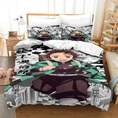 Image of GDEKCIEAS Anime 3D Demon Slayer Kids Bedding Set,3Pcs Duvet Cover,Comforter Set with Zipper Closure,Soft Microfiber for Teens And Adults Double（200x200cm）