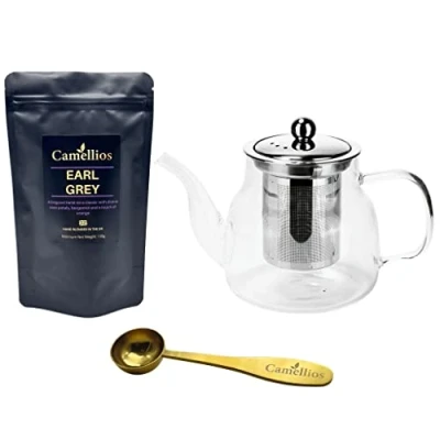 Image of Loose Leaf Tea Set, Gift Set with Heat Resistant Teapot, Measuring Spoon, 100g Tea, Camellios (Earl Grey)
