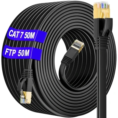 Image of Ethernet Cable 50m Cat 7 Outdoor &amp; Indoor, SSTP Internet High Speed 10Gbps 600MHz (50 Free Clips) Waterproof Anti Interference Lan Flat, Faster than 6/Cat 5, For Router/Modem