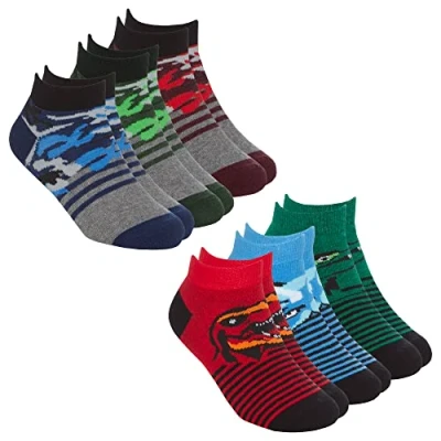 Image of Metzuyan Kids Boys Cotton Rich Socks Novelty Trainer Liner Low Cut Dino Camo Designed 9 12