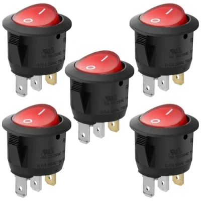 Image of Heschen Round Rocker Switch, RK2 13, ON OFF, SPST, 3 Terminals, Red light, 10A 250VAC, 5Pack