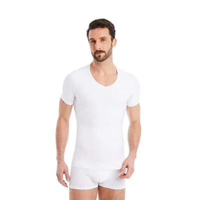 Image of FINN Men&#039;s Figure Shaping Compression Undershirt with V Neck Short Sleeve Shapewear T Shirt Made from Cotton Body Shaper Vest for a Flatter Stomach White S