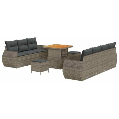 Image of vidaXL 10 Piece Garden Sofa Set with Cushions Grey Poly Rattan &amp; Acacia