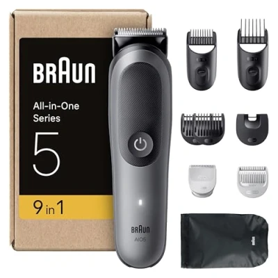 Image of Braun All in One Series 5 Grooming Kit, 9in1, Ultra Sharp Blade, 120 Min, SkinGuard for Body, Precise &amp; Efficient Trim, AquaGrip Under Water Use, AIO5545, Grey