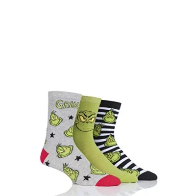 Image of 3 Pair Assorted Grinch Cotton Socks Unisex 4 8 Ladies Film &amp; TV Characters