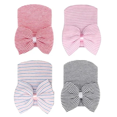 Image of DRESHOW 4 Pcs Newborn Hospital Hat Infant Baby Cap with Big Bow Soft Cute Knot Nursery Beanie
