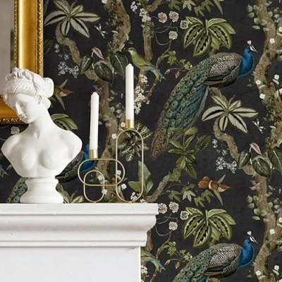 Image of SOPHIE LAURENCE Charcoal Peacock Woods Wallpaper Modern Botanical Design, Washable, 0.53m x 10.05m