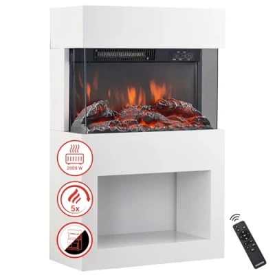 Image of KAMINIO Electric Fireplace Henri Stove with Heater, 3D Flame Effect, Wood Storage Compartment, Remote Control (White)