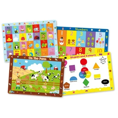 Image of Little Wigwam Toddler Placemat Pack Set of 4 Educational Placemats Alphabet, Numbers, On The Farm, Shapes And Colours