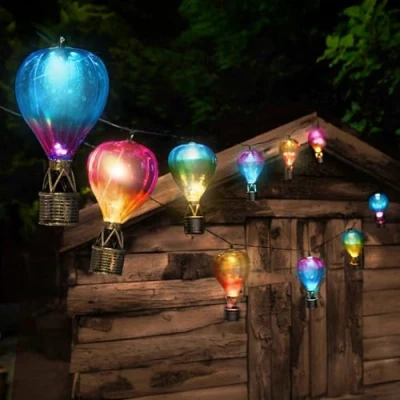 Image of Garden Mile Hot Air Balloon Solar Fairy Lights Outdoor Waterproof 4.7m Powered Multicoloured String with 10 LEDs for Patio Decor Hanging Lanterns