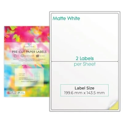 Image of Evergreen Goods A4 Precut Multi Sticker Paper Labels Printable Matte White 1x2, 2 per Sheet: 200 in Total, 100 Sheets Inkjet &amp; Laser Self Adhesive Sticky Back NOT Waterproof