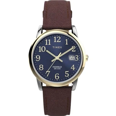 Image of Timex Men&#039;s Easy Reader 35mm Watch, Brown Leather Strap Blue Dial Silver Tone Case