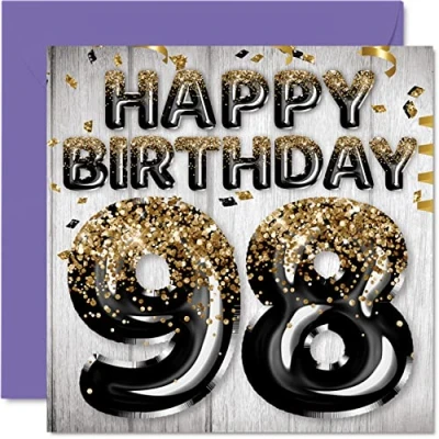 Image of 98th Birthday Card for Men Black &amp; Gold Glitter Balloons Happy Cards 98 Year Old Man Dad Great Grandad Grandpa Gran, 145mm x Ninety Eight Eighth Greeting Gift
